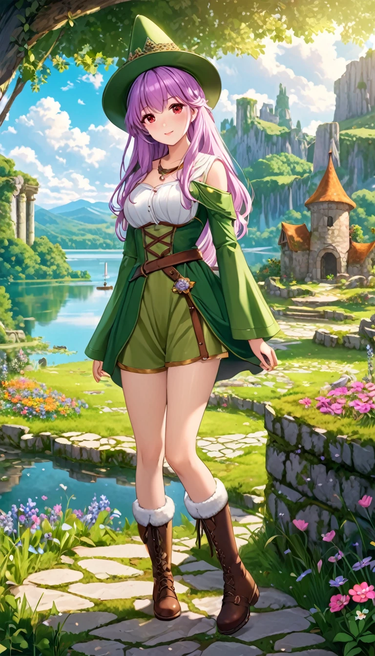 best quality, (masterpiece:1.2), illustration, absurd,  (1 Girl, Solitary), (Beautiful and delicate girl),, Aeolia, Lilac hair, Long hair, Red Eyes, Medium breasts,, hapiness的, hapiness,, Green Hat, Hat with feather decoration, Green Dress, Green coat, (fantasy:1.1) (middle Ages:1.1) Full set of clothing, (Black_Pantyhose:1.1), White shirt, Brown shorts, fleece lined boots, Brown boots,, Enchanted Forest, Flowers, Fairy Rings, Ancient ruins, stone ruins, lake, Sky, cloud