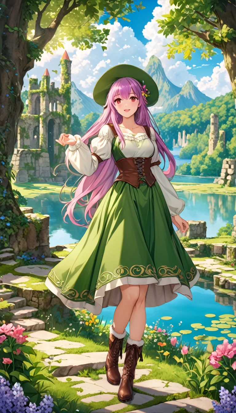 best quality, (masterpiece:1.2), illustration, ridiculous, (1 girl, alone), (Beautiful and delicate girl),, Fengshin, lilac hair, long hair, Red eyes, medium breasts,, happiness的, happiness,, turtle, feather embellished hat, green dress, green coat, (fantasy:1.1) (middle Ages:1.1) Full set of equipment, (Black_pantyhose:1.1), White shirt, Brown shorts, fleece lined boots, brown boots,, enchanted forest, flowers, Fairy ring, ancient ruins, stone ruins, lake, Sky, cloud