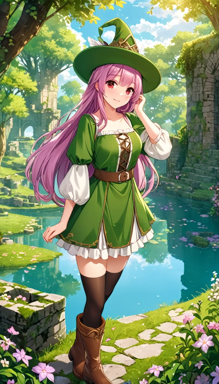 best quality, (masterpiece:1.2), illustration, absurd, (1 Girl, Solitary), (Beautiful and delicate girl),, Aeolia, Lilac hair, Long hair, Red Eyes, Medium breasts,, hapiness的, hapiness,, Green Hat, Hat with feather decoration, Green Dress, Green coat, (fantasy:1.1) (middle Ages:1.1) Full set of clothing, (Black_Pantyhose:1.1), White shirt, Brown shorts, fleece lined boots, Brown boots,, Enchanted Forest, Flowers, Fairy Rings, Ancient ruins, stone ruins, lake, Sky, cloud