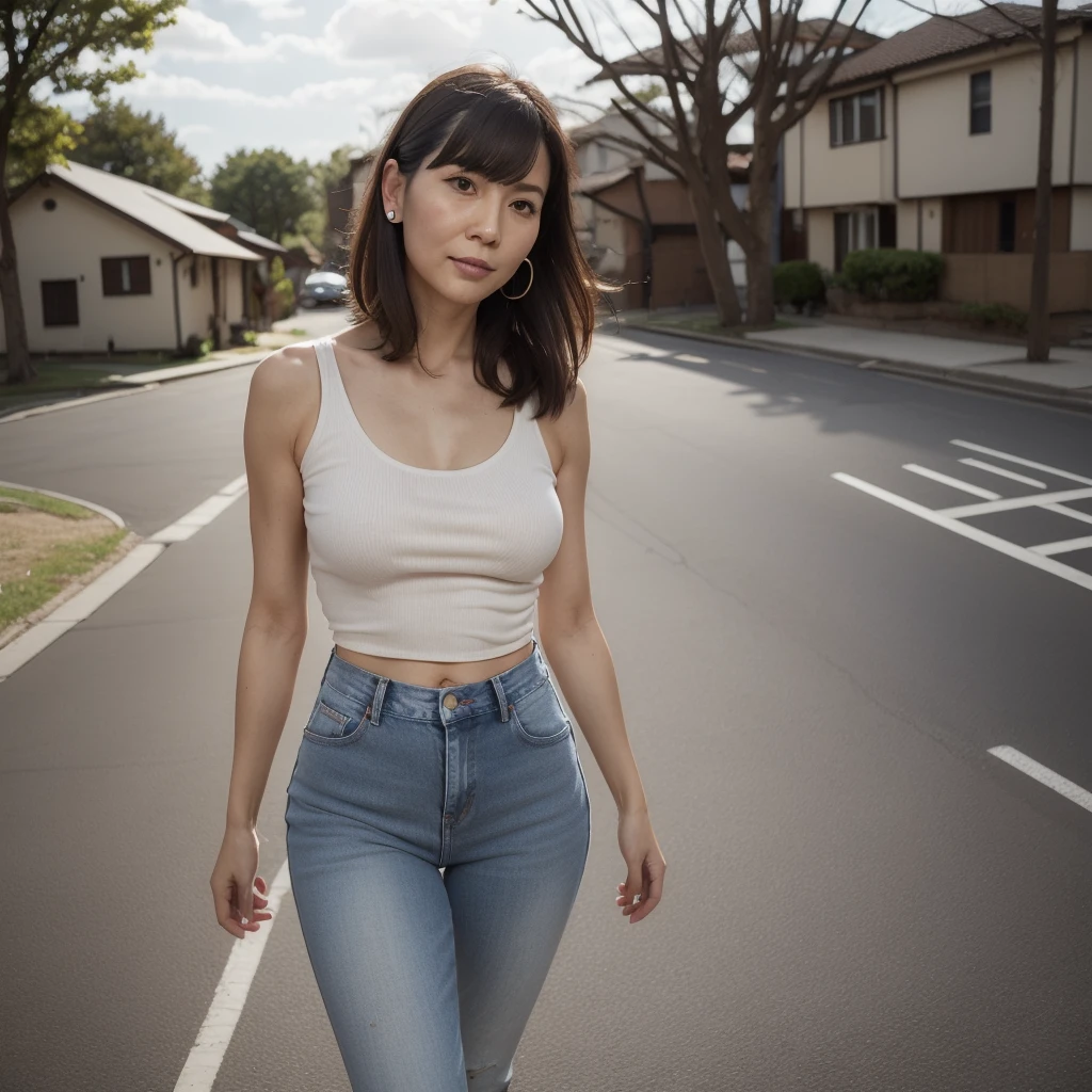 ((Highest quality)), ((8K)), ((masterpiece:1.3)), (Perfect look), (Photorealism:1.6), (TI, JMA), (Walking woman), (Japanese MILF Shoots a Gun), (Japanese houses line both sides of the road), Blurred Background, ((Realistic skin texture)), (Fine wrinkles appear all over the skin), (Dull skin), (Unmoisturized skin) , (Facial wrinkles), (Wrinkles around the eyes), double eyelid, Lower eyelid tear trough, Serious look, Shooting Gaze, (Dimples), Red lips, (Short bangs), short hair, Long hair with curled ends, (Hair over the ears), A tense look, Soft fabric tank top, Slim jeans, High heels, Hair blowing in the wind, Small breasts, (Stretch out your arms in front of you and hold your gun), (whole body),