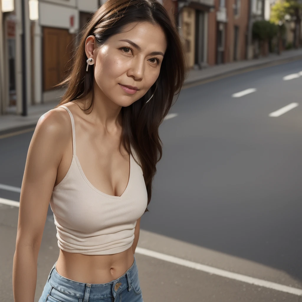 ((Highest quality)), ((8K)), ((masterpiece:1.3)), (Perfect look), (Photorealism:1.6), (TI, JMA), (Walking woman), (Japanese MILF Shoots a Gun), (Japanese houses line both sides of the road), Blurred Background, ((Realistic skin texture)), (Fine wrinkles appear all over the skin), (Dull skin), (Unmoisturized skin) , (Facial wrinkles), (Wrinkles around the eyes), double eyelid, Lower eyelid tear trough, Serious look, Shooting Gaze, (Dimples), Red lips, (Short bangs), short hair, Long hair with curled ends, (Hair over the ears), A tense look, Soft fabric tank top, Slim jeans, High heels, Hair blowing in the wind, Small breasts, (Stretch out your arms in front of you and hold your gun), (whole body),