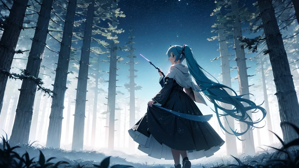 Set against the backdrop of an adventurous fantasy world、This is an image of Hatsune Miku walking through a dark forest.。She wears a mysterious cloak、In his hand he holds a glowing wand。The surroundings are shrouded in fog、In the distance you can see the silhouette of an ancient castle。The sky is a starry night、The moon casts a magical light over the forest.。