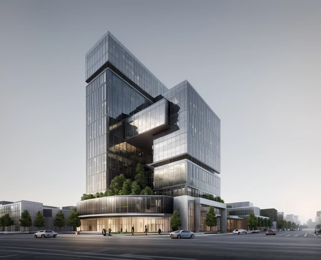 rendering of a modern office building with a glass facade, sharp hq rendering, mid-view, mantra rendering, wide angle exterior 2022, rendering of the windigo, architectural rendering, sharp foccus ilustration hq, full - view, sharp focus ilustration hq, detailed rendering, exterior shot, hq very detailed, realistic architecture, fog