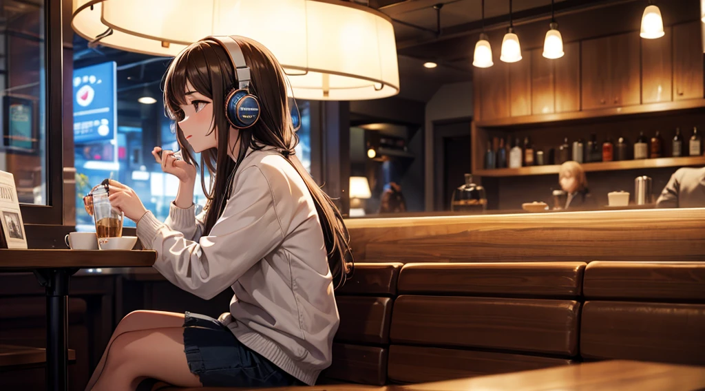 Girl with headphones enjoying music in a cafe