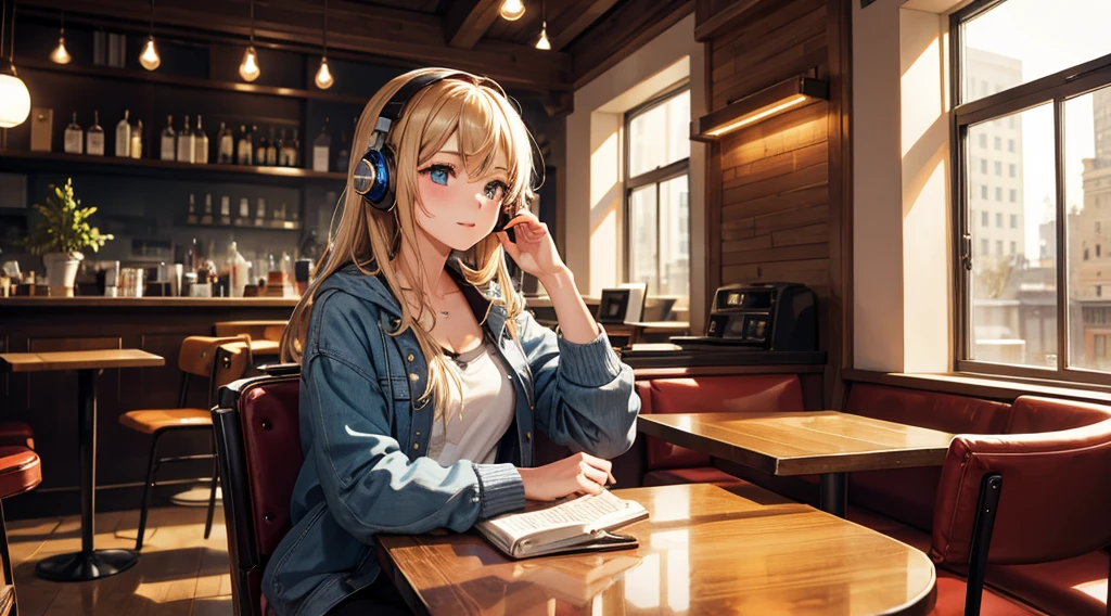 Girl with headphones enjoying music in a cafe