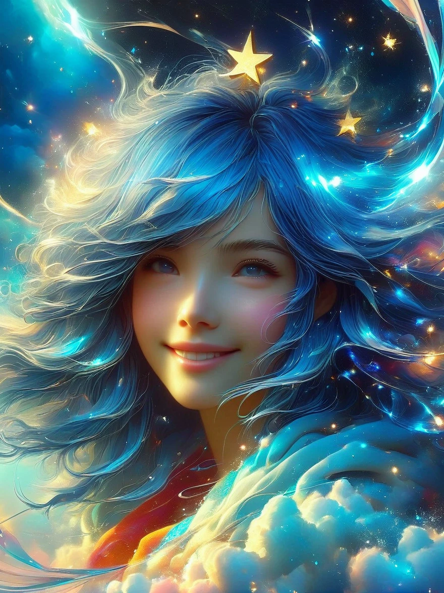 1xknh1, masterpiece, best quality, Aesthetic, fantasy, illusion, 1 Girl, Solitary, cute女孩的照片, detailed face, Relaxed smile, charming, 不symmetry头发, Swaying hair, Electric blue hair, glow, cloud, color斑斓的天空, Star, shattered, Space style, Vortex Magic Style, Silva Magic Style, legendary, outstanding, Beautifully, elegant, luxury, Creative, beautiful classic contemporary detailed cinematic composition, Expressive and dynamic dramatic atmosphere, Spectacular lighting, symmetry, detailed, 丰富的color, Environmental background, Inspiring, cute、magnificent、Clarity、Wonderful、Surreal、Perfect、complex、color, Astonishing, epic, huge, imposing, amazing, strange, fascinating, huge