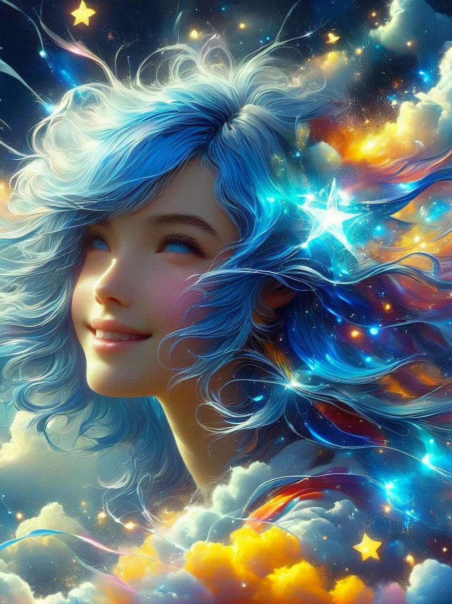1xknh1, masterpiece, best quality, Aesthetic, fantasy, illusion, 1 Girl, Solitary, cute女孩的照片, detailed face, Relaxed smile, charming, 不symmetry头发, Swaying hair, Electric blue hair, glow, cloud, color斑斓的天空, Star, shattered, Space style, Vortex Magic Style, Silva Magic Style, legendary, outstanding, Beautifully, elegant, luxury, Creative, beautiful classic contemporary detailed cinematic composition, Expressive and dynamic dramatic atmosphere, Spectacular lighting, symmetry, detailed, 丰富的color, Environmental background, Inspiring, cute、magnificent、Clarity、Wonderful、Surreal、Perfect、complex、color, Astonishing, epic, huge, imposing, amazing, strange, fascinating, huge
