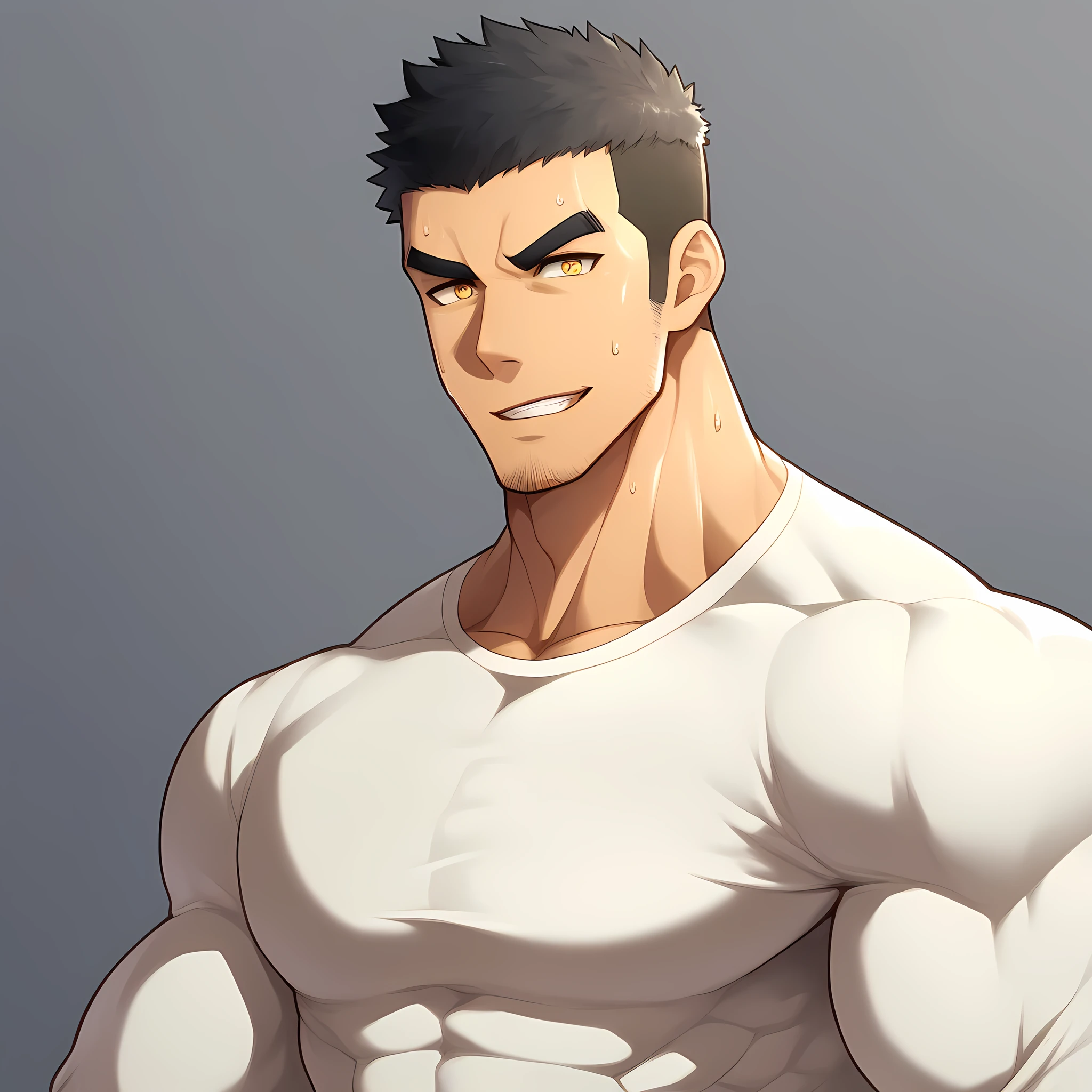 anime characters：Gyee, Muscle Sports Student, 1 muscular tough guy, Manliness, male focus, Light yellow high collar long sleeve tight T-shirt, Very tight, Sweat soaked, The pectoral muscles are oversized, Slightly transparent, muscular male, muscular, only, Upper body, alone, Black short hair, Thick eyebrows, stubble, Yellow eyes, Grey background, simple background, amazing quality, best aesthetics, Ridiculous, bright pupils, crew cut, parted lips, seductive smile, torogao, naughty face, drop shadow, best quality