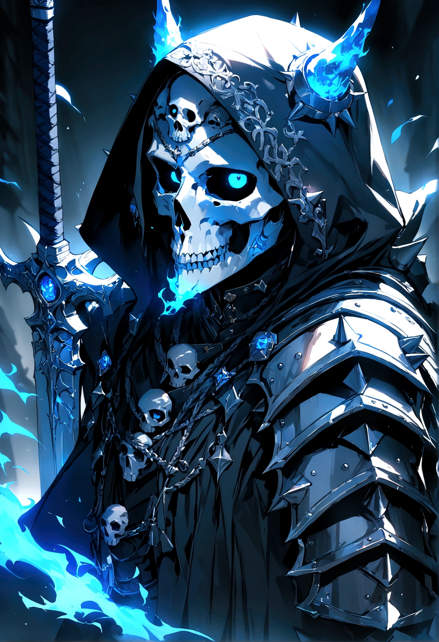 a male skeleton walks through, (with blue ghost fire around), wearing black cloak, in the dark, death area, glassy eyes, ice element ,dark element, anime, high detail, chiaroscuro, depth of field, cinematic lighting, sparkle, blurry, ray tracing, vignetting, (panorama), polar opposites, masterpiece, best quality, high quality, high details, textured skin, anatomically correct, accurate, UHD, 1080P