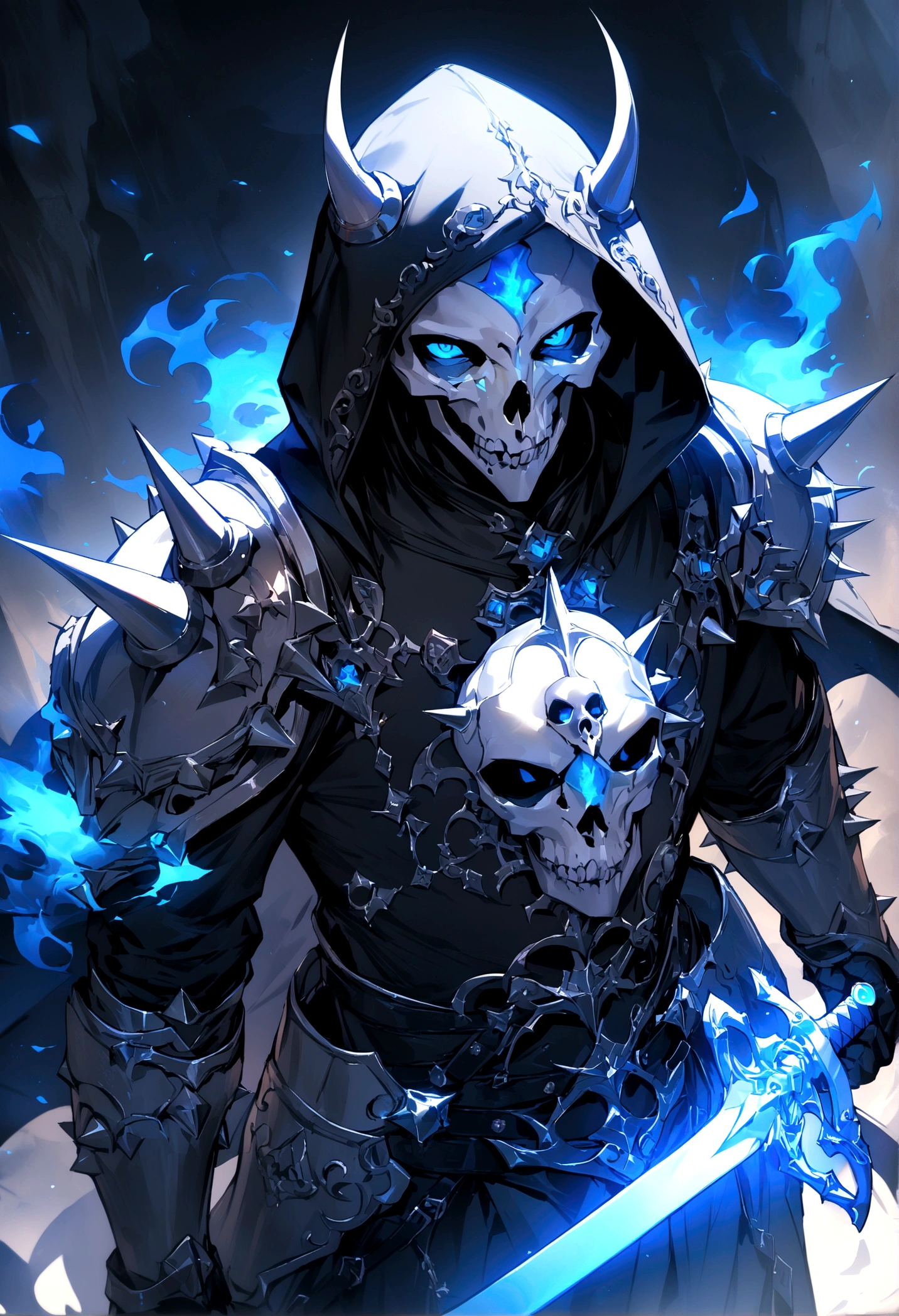 ha sang, 1boy, skull mask,armor, male focus, solo,weapon,sword,spikes,looking at viewer, blue_fire,c loak, hood up, holding, (masterpiece), (best quality), HDR, intricate detail,