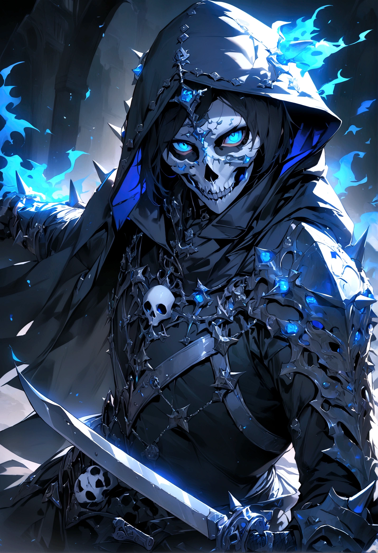 a male skeleton walks through, (with blue ghost fire around), wearing black cloak, in the dark, death area, glassy eyes, ice element ,dark element, anime, high detail, chiaroscuro, depth of field, cinematic lighting, sparkle, blurry, ray tracing, vignetting, (panorama), polar opposites, masterpiece, best quality, high quality, high details, textured skin, anatomically correct, accurate, UHD, 1080P