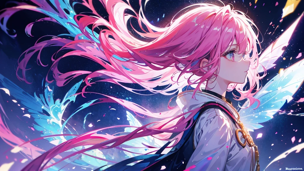 Pink hair and rainbow eyes,Beautiful as a fairy,A melancholic expression that stirs affection,profile,Floating Hair,Particles of light,Glare,Vivid,Fancy,dream-like,Dim atomic space,