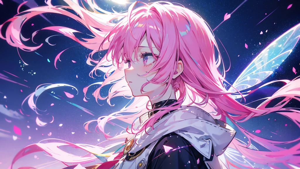 Pink hair and rainbow eyes,Beautiful as a fairy,A melancholic expression that stirs affection,profile,Floating Hair,Particles of light,Glare,Vivid,Fancy,dream-like,Dim atomic space,