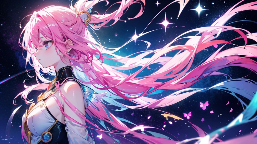 Pink hair and rainbow eyes,Beautiful as a fairy,A melancholic expression that stirs affection,profile,Floating Hair,Particles of light,Glare,Vivid,Fancy,dream-like,Dim atomic space,