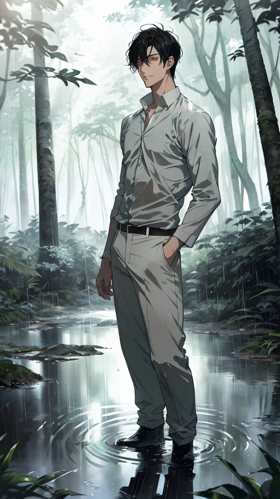 Anime-style male character standing in forest, (black hair:1.2), (gentle expression:1.1), red eyes, Plain white shirt and plain white trousers, (Standing in the middle of the forest with rainwater on the ground:1.3), sunlight reflecting on water, rain forest, subtle water splashes, high-resolution digital art, soft color palette, tranquil atmosphere, (serene ocean background:1.1), realistic water texture