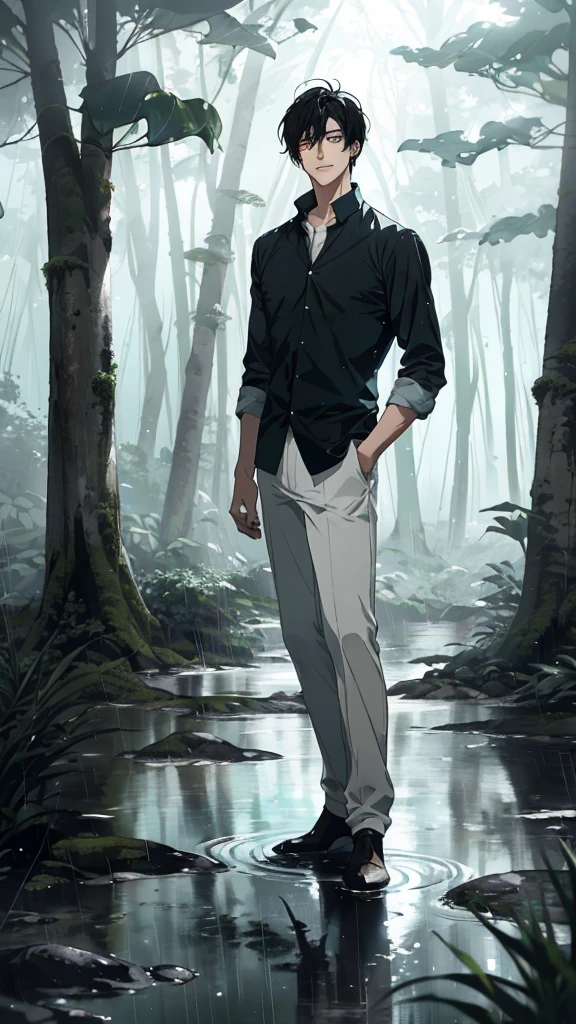 Anime-style male character standing in forest, (black hair:1.2), (gentle expression:1.1), red eyes, Plain white shirt and plain white trousers, (Standing in the middle of the forest with rainwater on the ground:1.3), sunlight reflecting on water, rain forest, subtle water splashes, high-resolution digital art, soft color palette, tranquil atmosphere, (serene ocean background:1.1), realistic water texture
