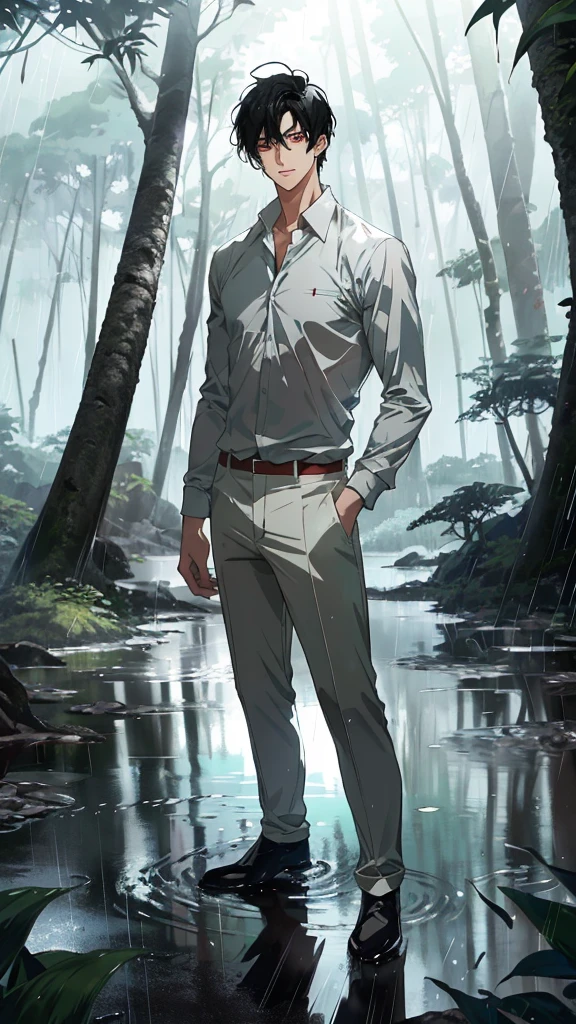 Anime-style male character standing in forest, (black hair:1.2), (gentle expression:1.1), red eyes, Plain white shirt and plain white trousers, (Standing in the middle of the forest with rainwater on the ground:1.3), sunlight reflecting on water, rain forest, subtle water splashes, high-resolution digital art, soft color palette, tranquil atmosphere, (serene ocean background:1.1), realistic water texture