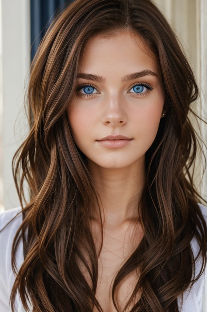 A 20 year old woman with brown hair and blue eyes