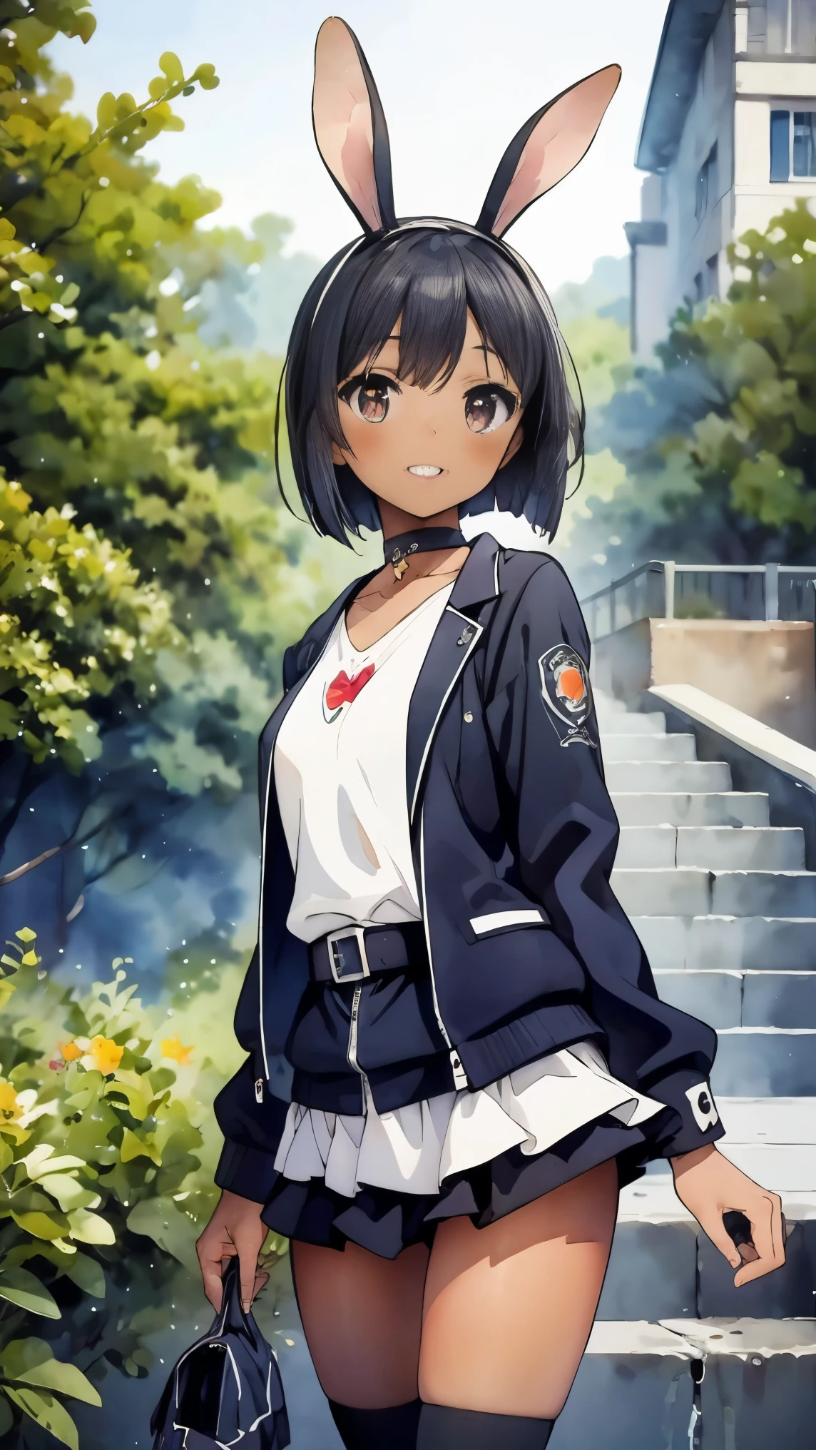 (8k, RAW photo, best quality, masterpiece, highres, absurdres, ultra detailed:1.3), (Photography, realistic, photo-realistic:1.4), (beautiful natural lighting, beautiful deatailed shadow, beautiful detailed glow :1.4), atmospheric,
BREAK 1 beautiful horny girl,alone,(cute:1.5),(Chibi:0.8),(kawaii1.5),(Loli:1.5),(horny girl, cute, full of energy, change face,slightly swollen chest),(black hair, messy short bob, story me, pink eyes:1.55 ),(full of energy, goofy smile, bad face:1.2),(white bunny ears headband:1.2),(smile,shine tooth:1.45), (dark skin, tanned skin,:1.45),
BREAK //Character 1girl, BREAK //Fashions BREAK (black and yellow theme:1.4), ((japanese idol costume with bee motif, punk and fancy style):1.2), (roll-up sleeves Latex black closed jacket with yellow bellied lapel:1.4), (zip-up:1.5), (costume divided into tops and bottoms:1.3), (collarbone:1.3), (crazy amount of buttons and needles:1.2), (yellow (eyelet belt, grommet belt):1.3), (yellow (See-through tulle skirt, tulle Layered mini skirt) with ruffles:1.3), (fancy over-knee-socks with black and yellow striped pattern:1.4), (black high platform boots with lace-up:1.2), (choker with silver needles:1.3), (bangle with silver needles:1.3), (Cute logo with a bee motif on jacket:1.2),
BREAK ,(Mediaeval Europe, ancient Greece, ancient Rome, ancient Aztecs, towns, cafes, nature, moss, wariza,flowers, two stories, ultra detail:1.4),((spectacular view:1.2))
BREAK wakame,wakame,wakame,(cowboy shot, from front:1.4),
BREAK manga illustration,manga style,
