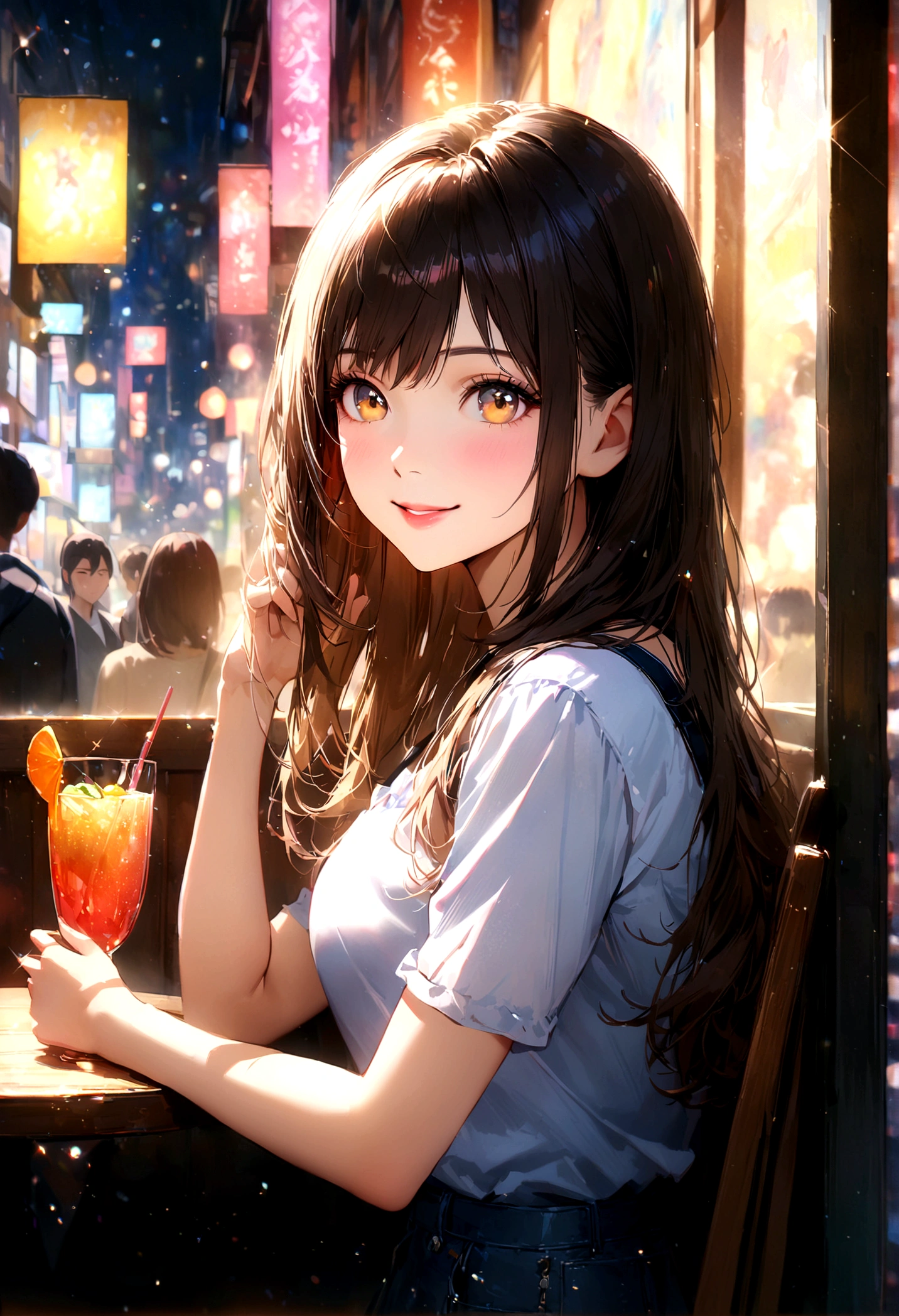 Shinjuku, Cute casual clothes,On a date,Blur the background,high school girl,smile,Glitter effect,Highest quality, 4K, 8K, High resolution, masterpiece:1.2, Very detailed, Realistic:1.37, High resolution, 超High resolution, Ultra-fine painting, Very detailed, Professional, Vibrant colors