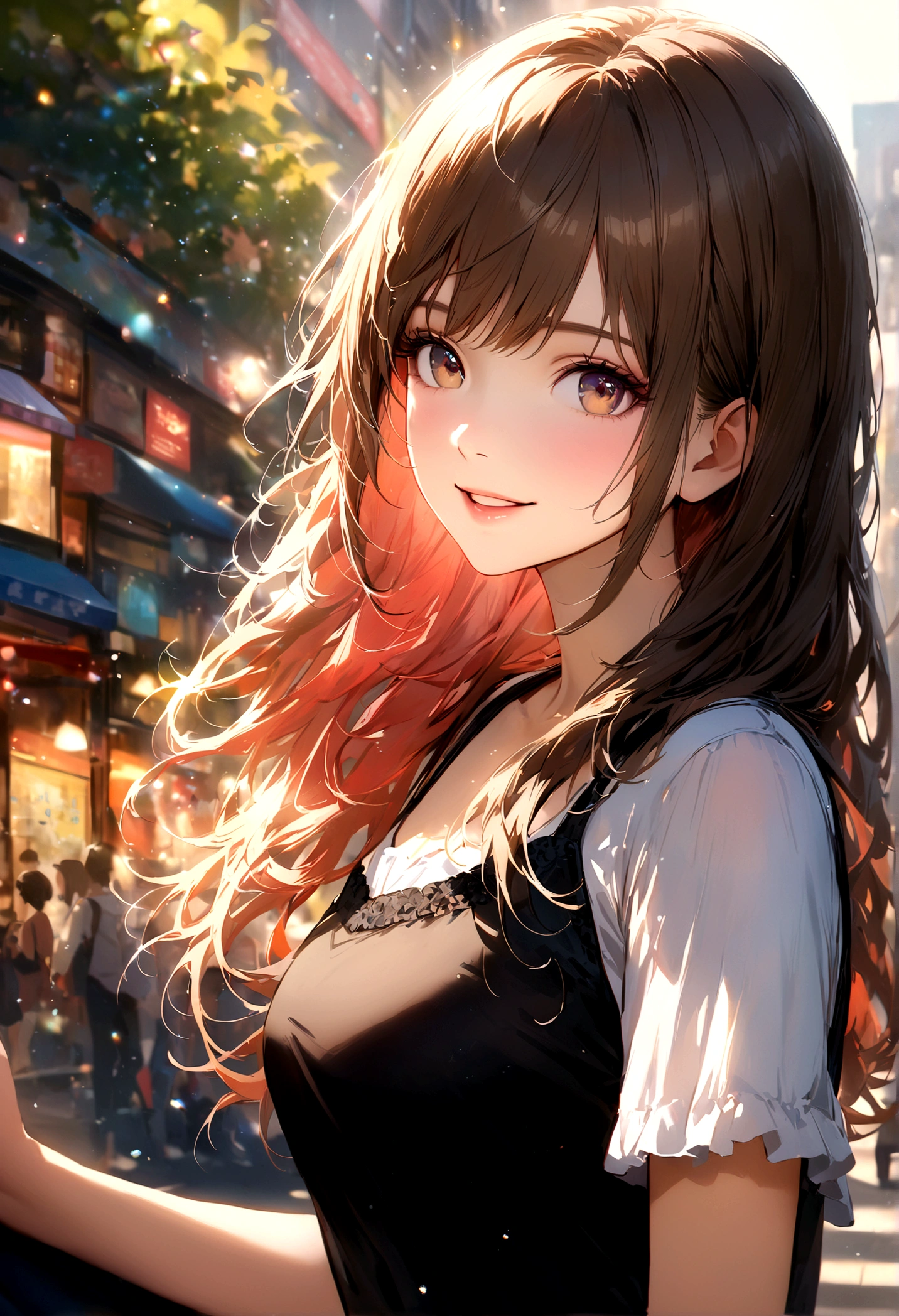 Shinjuku, Cute casual clothes,On a date,Blur the background,high school girl,smile,Glitter effect,Highest quality, 4K, 8K, High resolution, masterpiece:1.2, Very detailed, Realistic:1.37, High resolution, 超High resolution, Ultra-fine painting, Very detailed, Professional, Vibrant colors