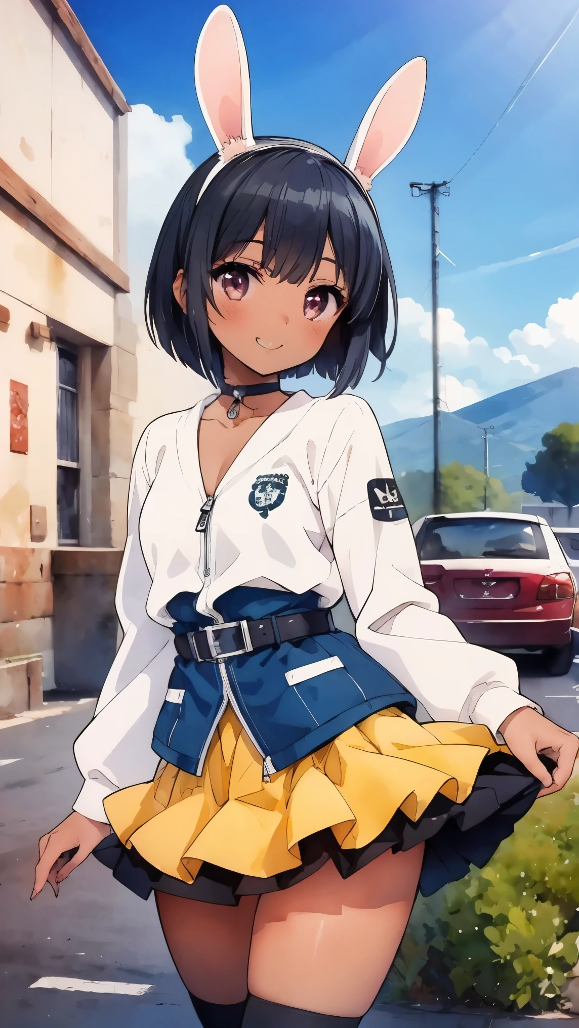 (8k, RAW photo, best quality, masterpiece, highres, absurdres, ultra detailed:1.3), (Photography, realistic, photo-realistic:1.4), (beautiful natural lighting, beautiful deatailed shadow, beautiful detailed glow :1.4), atmospheric, 

BREAK 1 beautiful horny girl,alone,(cute:1.5),(Chibi:0.8),(kawaii1.5),(Loli:1.5),(horny girl, cute, full of energy, change face,slightly swollen chest),(black hair, messy short bob, story me, pink eyes:1.55 ),(full of energy, goofy smile, bad face:1.2),(white bunny ears headband:1.2),(smile,shine tooth:1.45), (dark skin, tanned skin,:1.45),

BREAK //Character 1girl, BREAK //Fashions BREAK (black and yellow theme:1.4), ((japanese idol costume with bee motif, punk and fancy style):1.2), (roll-up sleeves Latex black closed jacket with yellow bellied lapel:1.4), (zip-up:1.5), (costume divided into tops and bottoms:1.3), (collarbone:1.3), (crazy amount of buttons and needles:1.2), (yellow (eyelet belt, grommet belt):1.3), (yellow (See-through tulle skirt, tulle Layered mini skirt) with ruffles:1.3), (fancy over-knee-socks with black and yellow striped pattern:1.4), (black high platform boots with lace-up:1.2), (choker with silver needles:1.3), (bangle with silver needles:1.3), (Cute logo with a bee motif on jacket:1.2), 

BREAK ,(Mediaeval Europe, ancient Greece, ancient Rome, ancient Aztecs, towns, cafes, nature, moss, wariza,flowers, two stories, ultra detail:1.4),((spectacular view:1.2)) 

BREAK wakame,wakame,wakame,(cowboy shot, from front:1.4), 

BREAK manga illustration,manga style,
