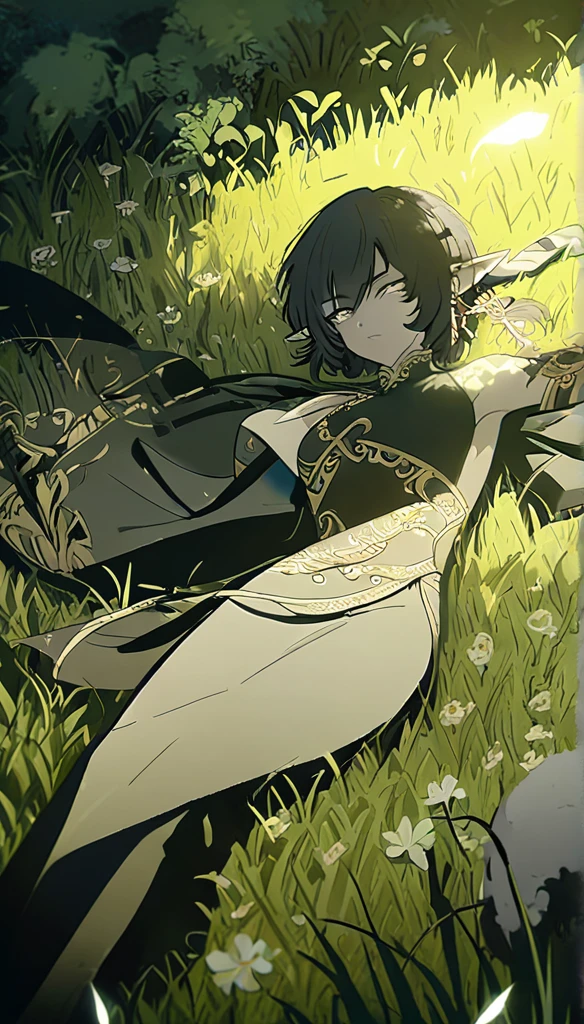 1man, elven ears, earth god, dark black hair, short fluffy hairstyle, glowing grey eyes, grass fields, thai style, elegant, traditional thai clothes,