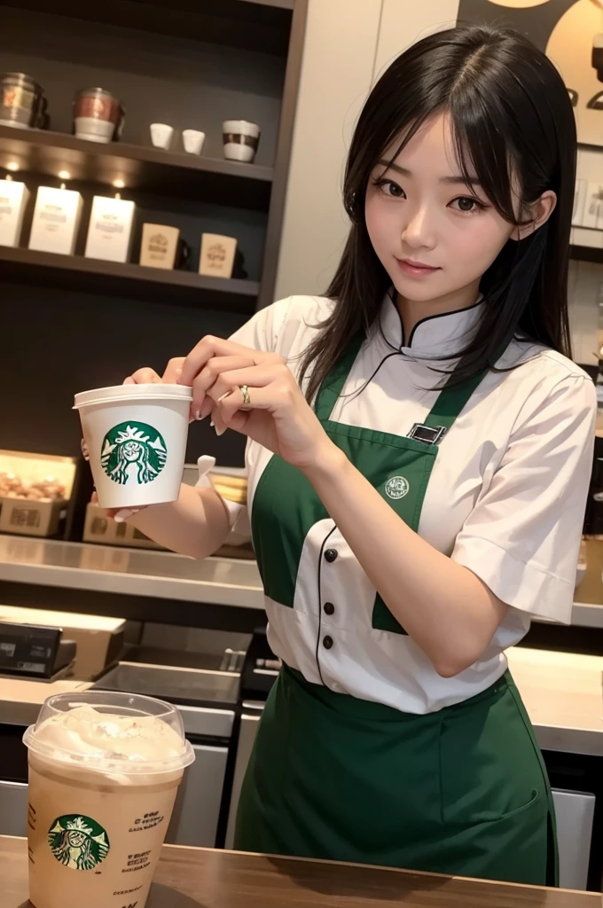 Chinese woman working at Starbucks
