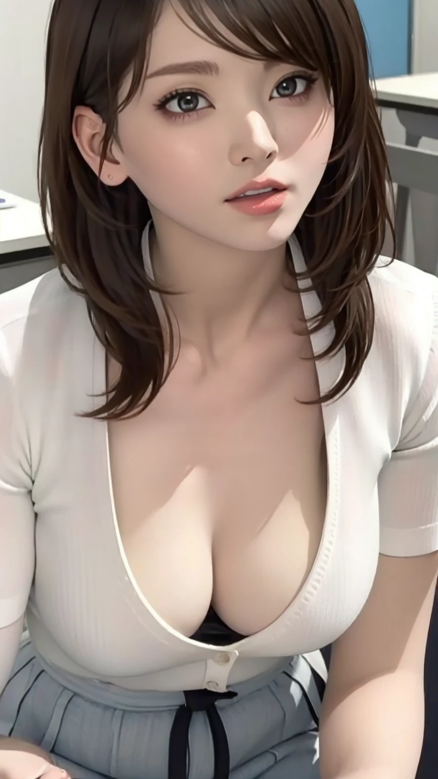 8K quality、High resolution、Beautiful fair skin texture、High resolutionの瞳、Japanese high school girls、Summer uniform、Open-neck short-sleeved white shirt、Cleavage、mini skirt、Brown Princess Hair、、Small breasts、Sweat accumulates in the chest、classroom