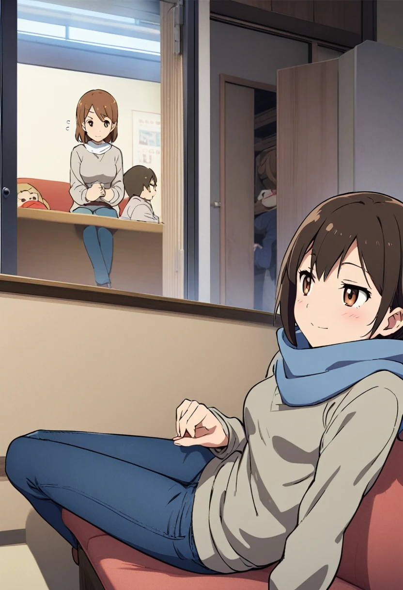 bell, Japanese cartoons, Brown hair, Medium breasts, Brown eyes, A faint smile, jeans, scarf, Grey sweatshirt, Blue pants, sit, Cross-legged, Inside the smart home, sit on the couch, Asada Shino&#39;s face, Japanese cartoons Sword Art Online, best quality