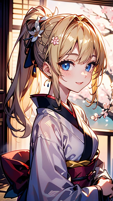 High quality, Best quality , masterpiece, Portrait、、Bright expression、ponytail、Young, shiny, white, glossy skin、Gloss Face、Shining Cheek Gloss、Small Face Beauty、The best beauty、The dazzling light of blonde hair、Bright blonde hair with dazzling highlights、Very beautiful shiny light blonde hair、super long silky straight hair、Her shiny, beautiful bangs are covering her eyes.、Sparkling, clear, attractive, bright, large, pale blue eyes、Very big eyes、eyeliner、very beautiful lovely cute 16 year old girl、young girl, Ample Bust, upper body , (smile:1.2) , (((blossom illustration kimono , ponytail )))), in room , medium breast , full body , no sleeve , at top of tower, background night many birding