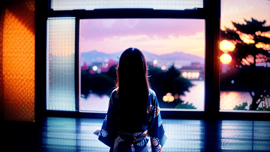 An anime or movie-style scene featuring a beautiful woman with long hair wearing a yukata, gazing out of a large window at the sunset. The room is a traditional Japanese tatami room, creating a serene and peaceful atmosphere. The image should be high-quality and ultra-detailed, with a larger view of the outside through the window, in a 16:9 aspect ratio. --quality 5 --v 5 --ar 16:9