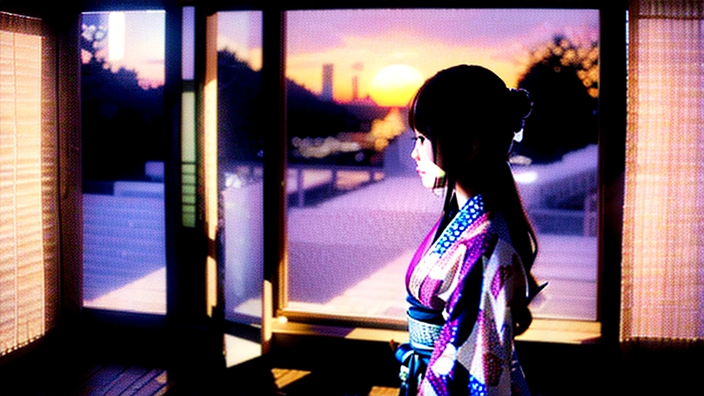 An anime or movie-style scene featuring a beautiful woman with long hair wearing a yukata, gazing out of a large window at the sunset. The room is a traditional Japanese tatami room, creating a serene and peaceful atmosphere. The image should be high-quality and ultra-detailed, with a larger view of the outside through the window, in a 16:9 aspect ratio. --quality 5 --v 5 --ar 16:9