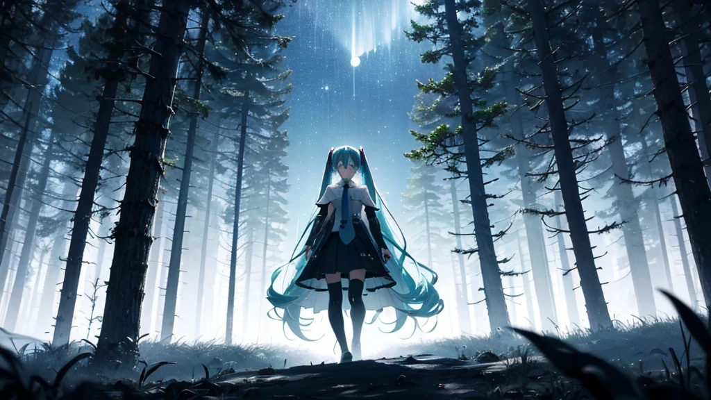 Set against the backdrop of an adventurous fantasy world、This is an image of Hatsune Miku walking through a dark forest.。She wears a mysterious cloak、In his hand he holds a glowing wand。The surroundings are shrouded in fog、In the distance you can see the silhouette of an ancient castle。The sky is a starry night、The moon casts a magical light over the forest.。