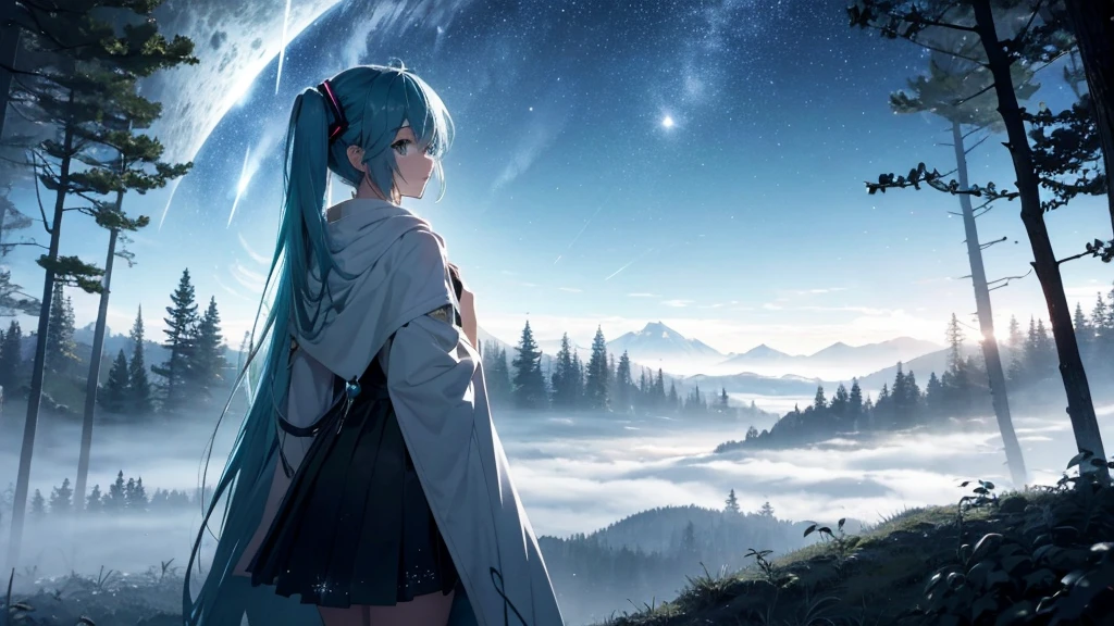 Set against the backdrop of an adventurous fantasy world、This is an image of Hatsune Miku walking through a dark forest.。She wears a mysterious cloak、In his hand he holds a glowing wand。The surroundings are shrouded in fog、In the distance you can see the silhouette of an ancient castle。The sky is a starry night、The moon casts a magical light over the forest.。