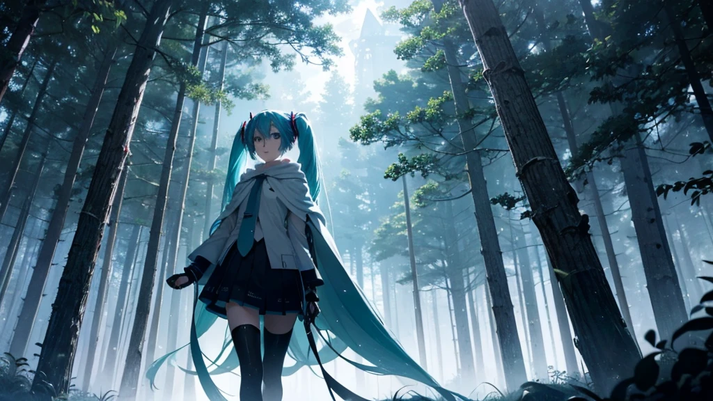 Set against the backdrop of an adventurous fantasy world、This is an image of Hatsune Miku walking through a dark forest.。She wears a mysterious cloak、In his hand he holds a glowing wand。The surroundings are shrouded in fog、In the distance you can see the silhouette of an ancient castle。The sky is a starry night、The moon casts a magical light over the forest.。