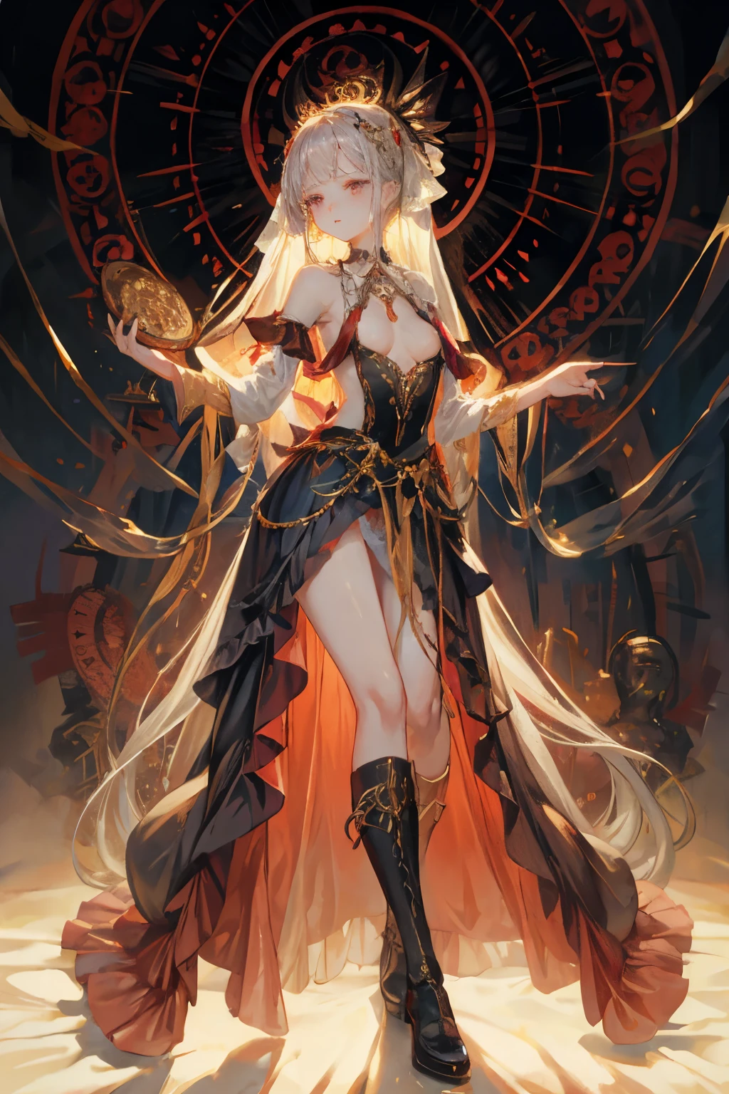 ((best quality)), ((masterpiece)), (detailed), 1girl, Character design, NSFW, scholarly female, scholar, female scholar, educator, teacher, fortune teller, palm reader, astrology, astrological symbolism, star reading, celestrial theme, heavens, heavens above, constellations, blood magic, blood mage, dynamic poses, long white grey hair, grey white eyes, very skinny, detailed, best quality, no accesoires around the neck, no shoes, prominent collarbones, skinny arms, flat stomach, visible hip bones, full body, blank white background, plain background, white background, red and white clothing, Bloodborne inspired, occult aesthetic, occult, detailed and intricate steampunk and detailed gothic, NSFW, Fluttering lace flared long knee length dress with frilly petticoats, knee length dress, pleated petticoats, petticoats gothic, complex lace boots, gothic aesthetic, wielding a mighty sword with mechanical components, mandalas, small breasts, a fairy, various different types of insect wings, bug wings, beetle wings, NSFW, full body, whole body, body, chains,