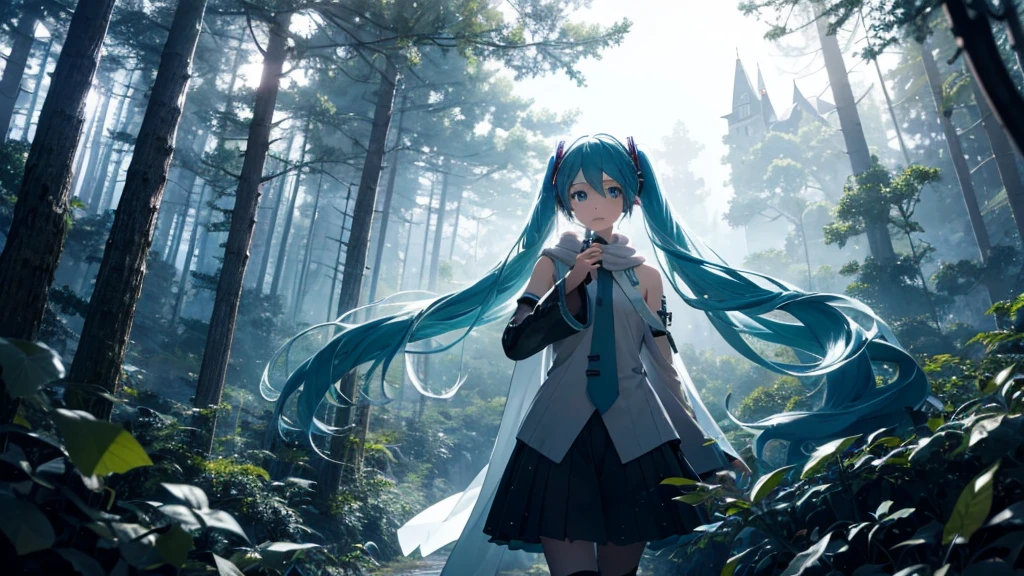 Set against the backdrop of an adventurous fantasy world、This is an image of Hatsune Miku walking through a dark forest.。She wears a mysterious cloak、In his hand he holds a glowing wand。The surroundings are shrouded in fog、In the distance you can see the silhouette of an ancient castle。The sky is a starry night、The moon casts a magical light over the forest.。