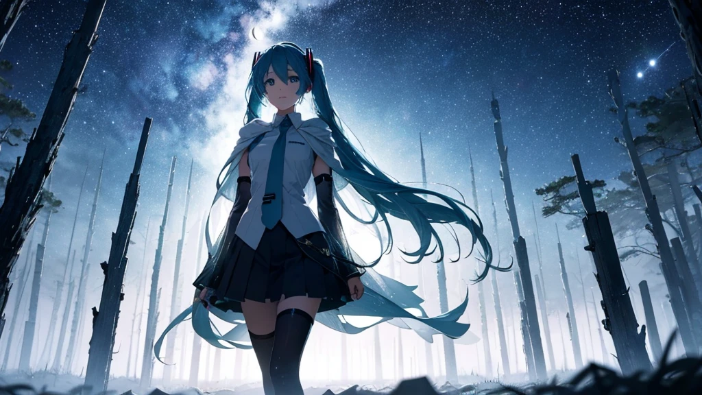 Set against the backdrop of an adventurous fantasy world、This is an image of Hatsune Miku walking through a dark forest.。She wears a mysterious cloak、In his hand he holds a glowing wand。The surroundings are shrouded in fog、In the distance you can see the silhouette of an ancient castle。The sky is a starry night、The moon casts a magical light over the forest.。