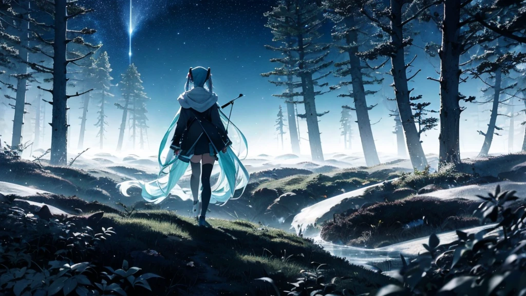 Set against the backdrop of an adventurous fantasy world、This is an image of Hatsune Miku walking through a dark forest.。She wears a mysterious cloak、In his hand he holds a glowing wand。The surroundings are shrouded in fog、In the distance you can see the silhouette of an ancient castle。The sky is a starry night、The moon casts a magical light over the forest.。