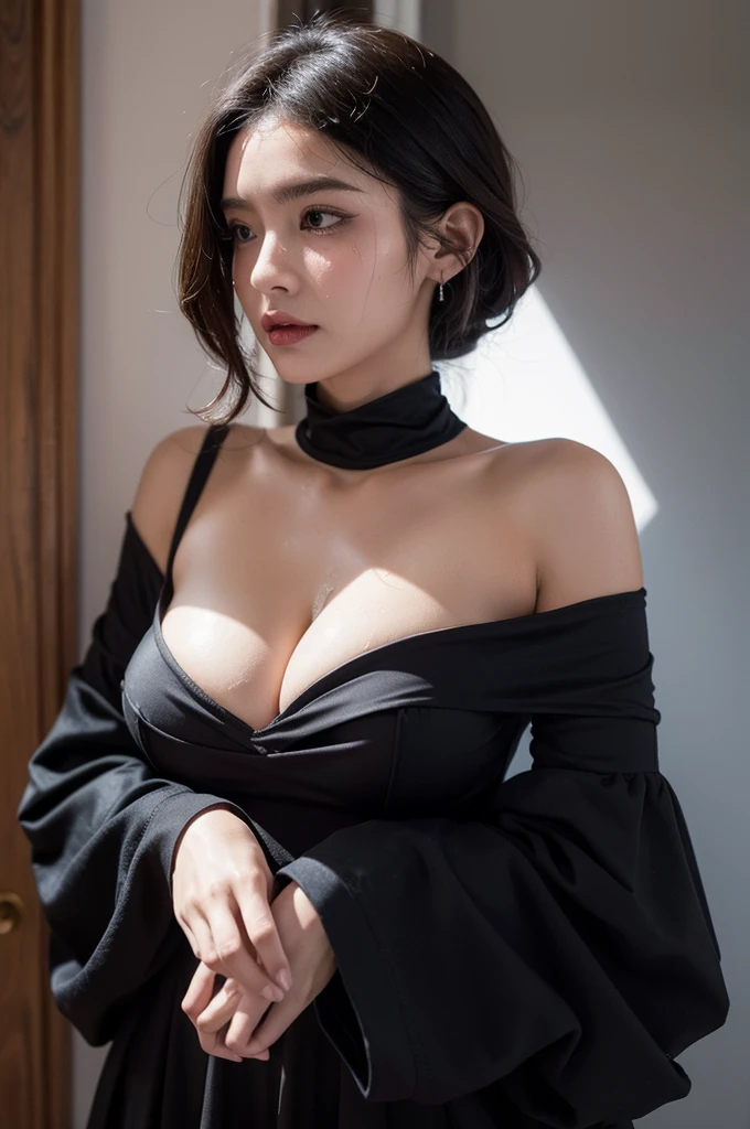 Big Tits,Clothing,Décolletage,Off the shoulder,Fine-grained face,Transparency,(Sweat gushing out:1.3)Gothic Dress