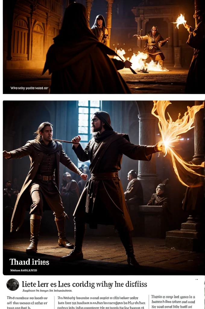 Create an image of one of Lier's disciples casting a spell that snaps an opponent's neck