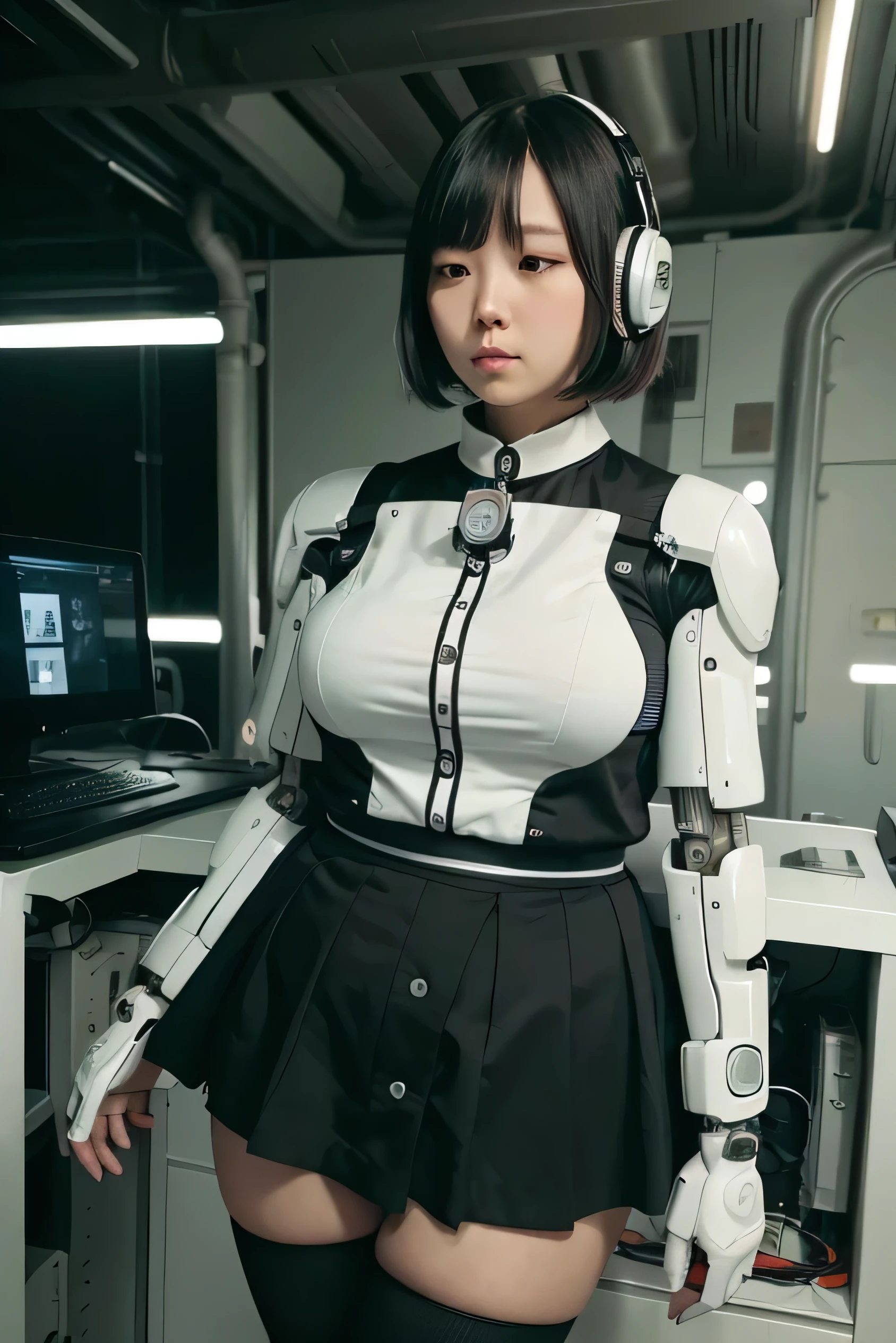 masterpiece, best quality, extremely detailed, Japaese android girl,Plump , control panels,android,Droid,Mechanical Hand, Robot arms and legs,Blunt bangs,perfect robot girl,long tube,thick cable connected her neck,android,robot,humanoid,cyborg,japanese cyborg girl ,future laboratory,robot laboratory,maintenance,connecting a cable between the legs,skirt,fat,chubby,She is charging now,（sleep mode:1.5）（closing eyes:1.5）