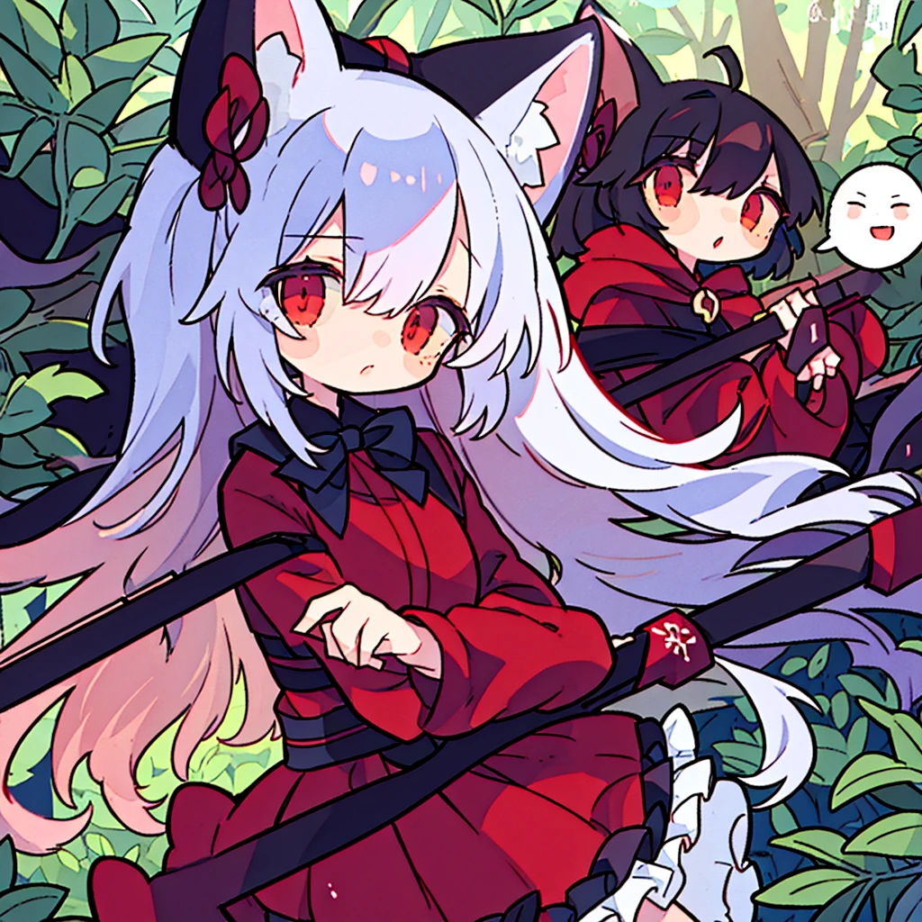 tegaki chibi girl Solo red hood girl wolf ears in the forest gothic lolita from side holding rifle