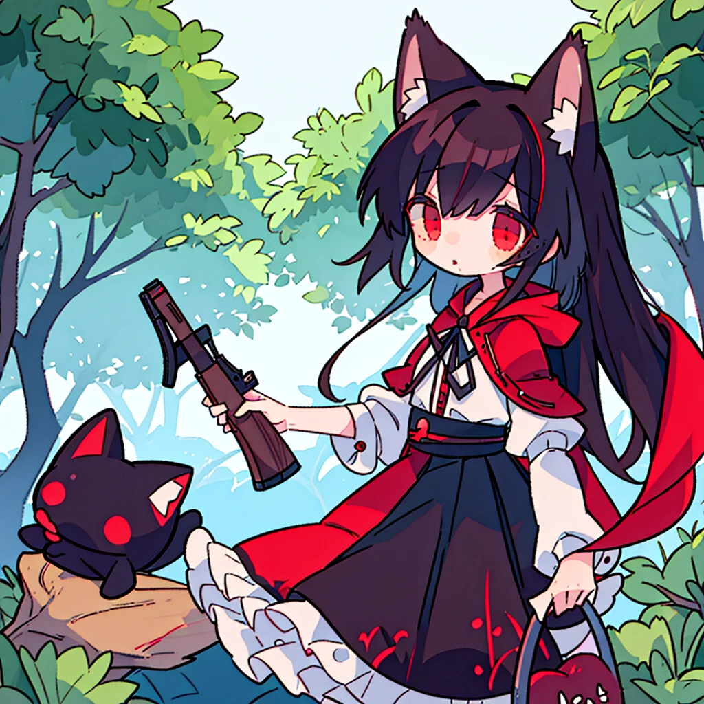 tegaki chibi girl Solo red hood girl wolf ears in the forest gothic lolita from side holding rifle