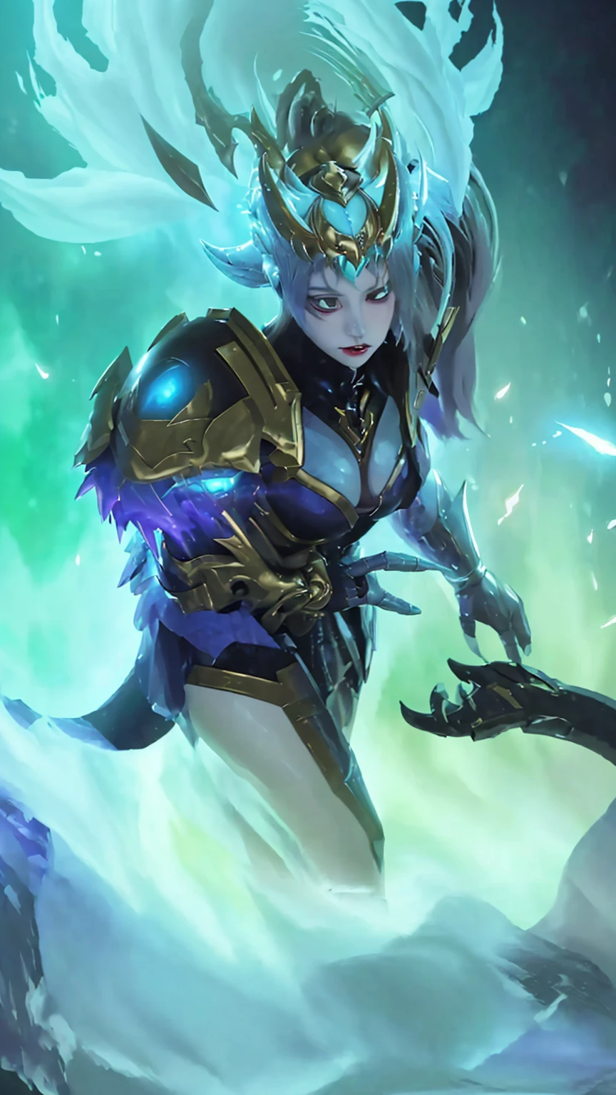 The image is a digital artwork featuring a female character with a fantasy theme. She is wearing a suit of armor and has a horned helmet, with a tail that resembles a dragon. 