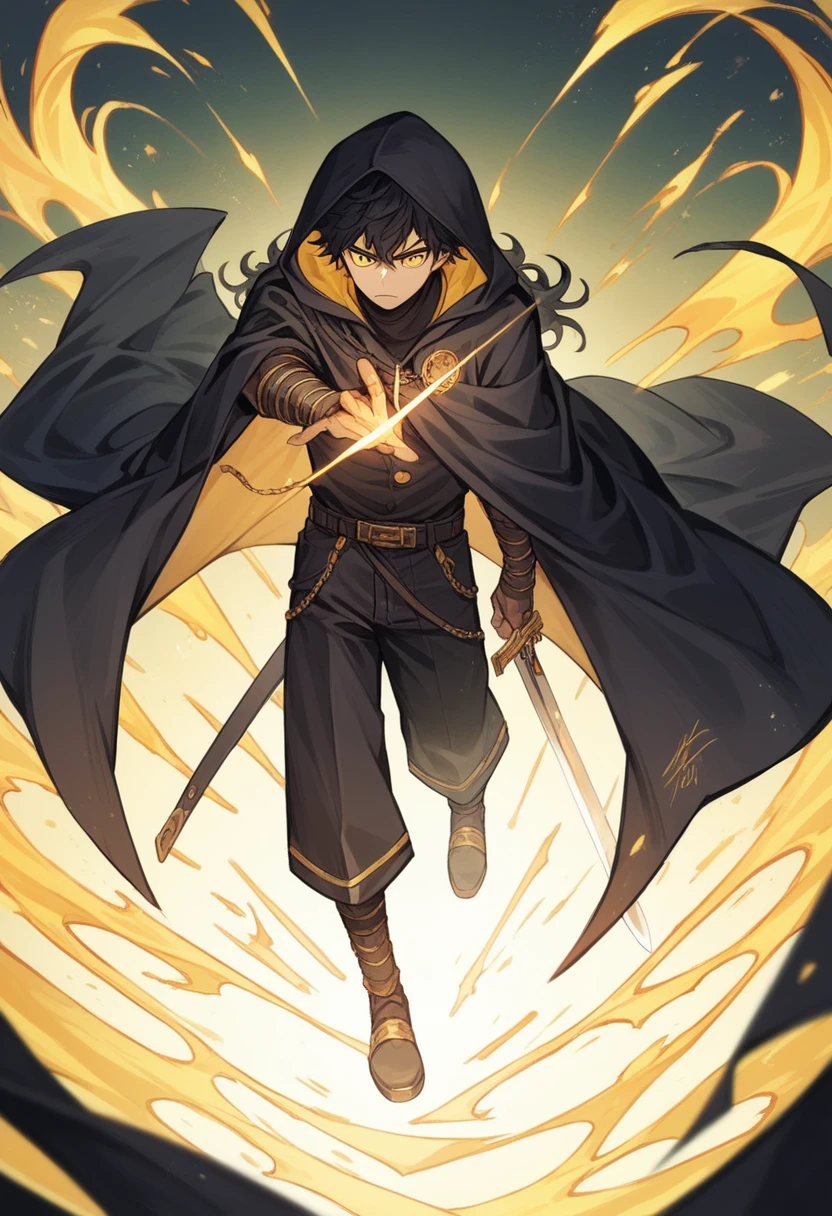 anime boy wearing a black hooded cloak with golden energy around him, long black wavy hair, gold eyes, holding a sword, 4k, anime
