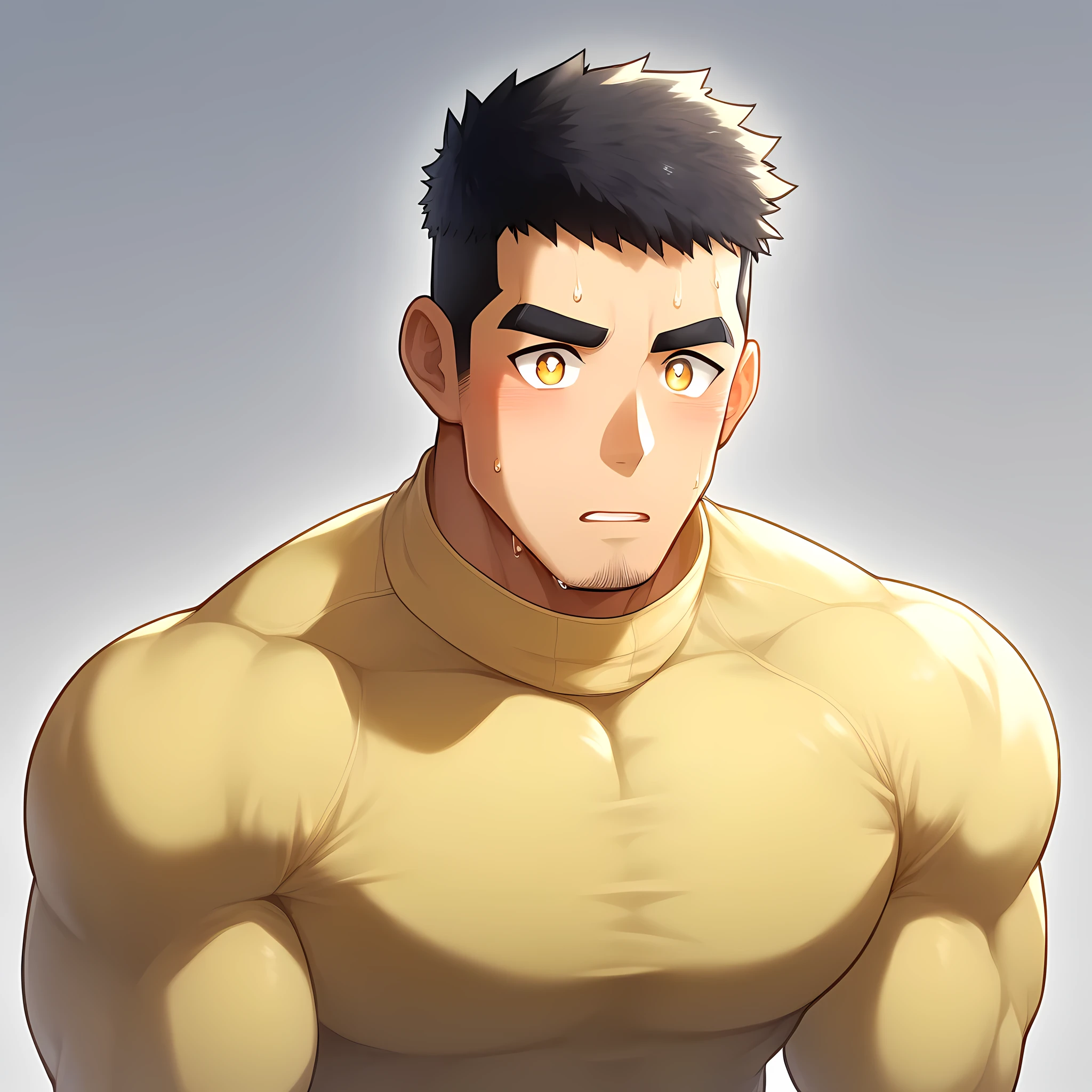anime characters:Gyee, Muscle Sports Student, 1 muscular tough guy, Manliness, male focus, Light yellow high collar long sleeve tight T-shirt, Very tight, The clothes were soaked with sweat, The pectoral muscles are oversized, Slightly transparent, muscular male, muscular, only, Upper body, alone, Black short hair, Thick eyebrows, stubble, Yellow eyes, Grey background, simple background, amazing quality, best aesthetics, Ridiculous, bright pupils, crew cut, parted lips, shy, blush, drop shadow, best quality
