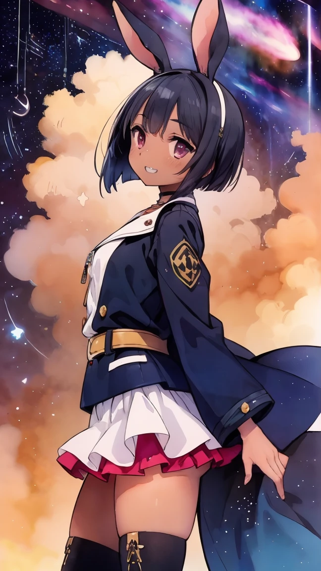 (8k, RAW photo, best quality, masterpiece, highres, absurdres, ultra detailed:1.3), (Photography, realistic, photo-realistic:1.4), (beautiful natural lighting, beautiful deatailed shadow, beautiful detailed glow :1.4), atmospheric, 

BREAK 1 beautiful horny girl,alone,(cute:1.5),(Chibi:0.8),(kawaii1.5),(Loli:1.5),(horny girl, cute, full of energy, change face,slightly swollen chest),(black hair, messy short bob, story me, pink eyes:1.55 ),(full of energy, goofy smile, bad face:1.2),(white bunny ears headband:1.2),(smile,shine tooth:1.45), (dark skin, tanned skin,:1.45),

BREAK //Character 1girl, BREAK //Fashions BREAK (black and yellow theme:1.4), ((japanese idol costume with bee motif, punk and fancy style):1.2), (roll-up sleeves Latex black closed jacket with yellow bellied lapel:1.4), (zip-up:1.5), (costume divided into tops and bottoms:1.3), (collarbone:1.3), (crazy amount of buttons and needles:1.2), (yellow (eyelet belt, grommet belt):1.3), (yellow (See-through tulle skirt, tulle Layered mini skirt) with ruffles:1.3), (fancy over-knee-socks with black and yellow striped pattern:1.4), (black high platform boots with lace-up:1.2), (choker with silver needles:1.3), (bangle with silver needles:1.3), (Cute logo with a bee motif on jacket:1.2), 

BREAK ((The night sky is filled with the dazzling Milky Way and many stars:2.0)), 

BREAK wakame,wakame,wakame,(cowboy shot, from front:1.4), 

BREAK manga illustration,manga style,