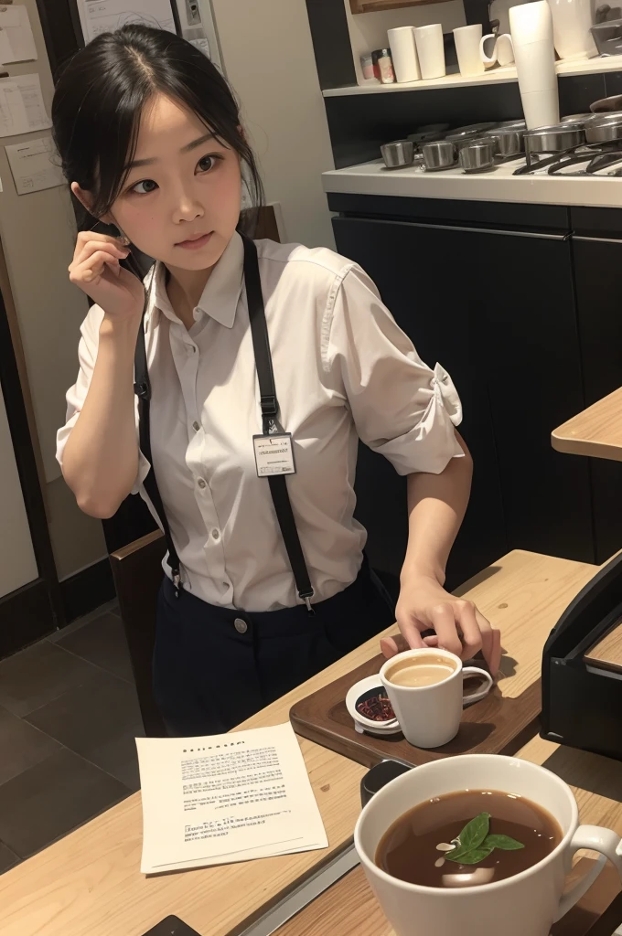 Elderly Chinese woman working at Starbucks